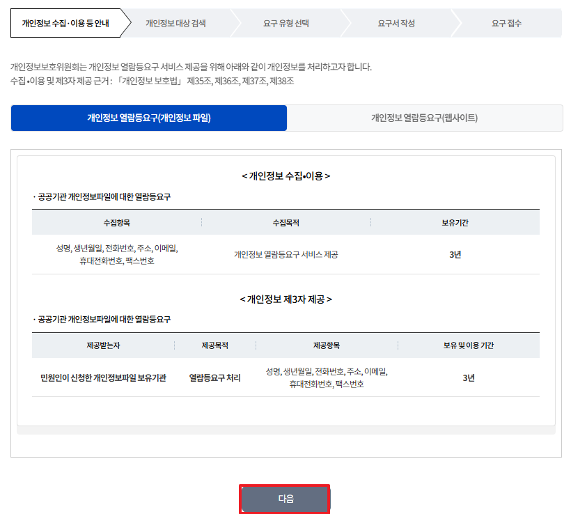 STEP01. 개인정보 수집&middot;이용 동의. '개인정보 열람/정정 등' 서비스 이용을 위한 개인정보 수집&middot;이용에 동의가 필요합니다. 개인정보 수집&middot;이용 목적 및 수집 항목, 보유&middot;이용기간 등에 대한 내용을 확인하시고 하단의 '동의함' 버튼을 클릭하시면 다음 단계(본인확인)가 진행됩니다.